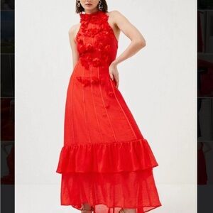 Karen Millen Red Floral Beaded Appliqué Halter Woven Maxi Dress US 6 UK 10